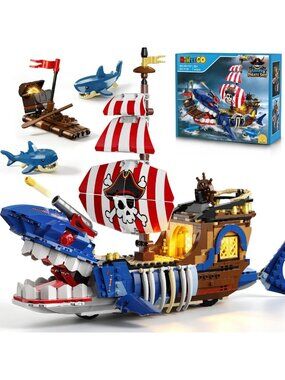 Shark Pirate Ship Building Set with LED Light for Kids Ages 8-12 - Fun STEM Toy